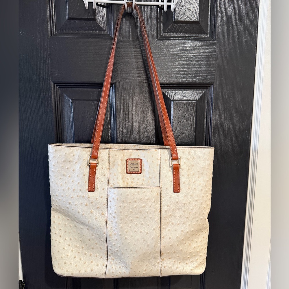 Dooney & Bourke Cream Ostrich-Embossed Tote with Brown Straps